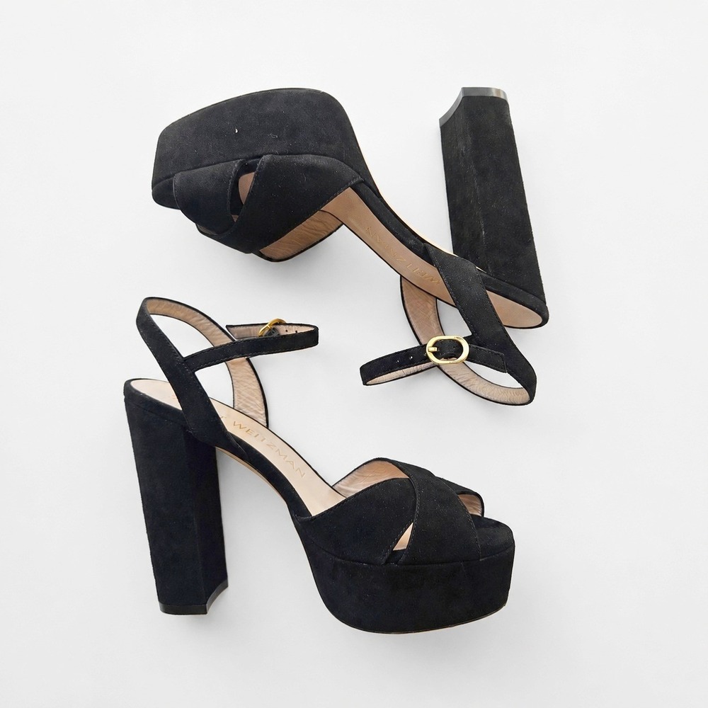 Stuart Weitzman Black Suede Platform Block Heel Sandals Women 7.5 Made in Spain